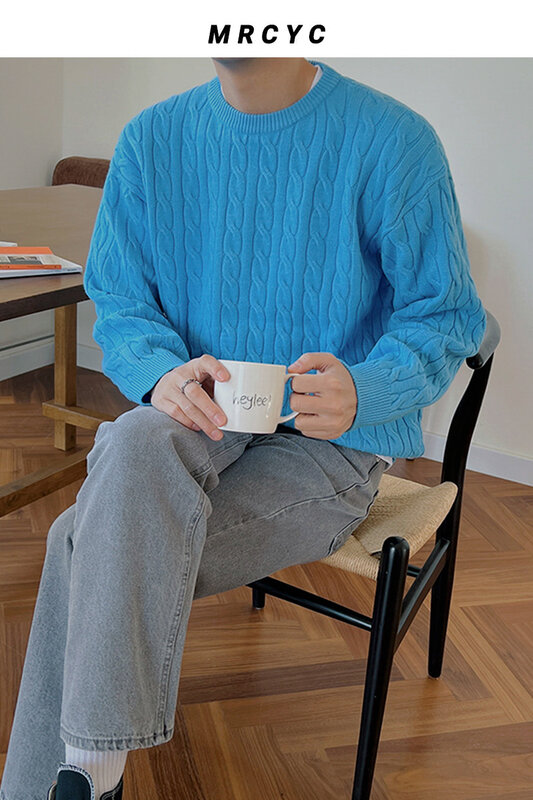 Мужской трикотажный свитер с круглым вырезом, в Корейском стиле