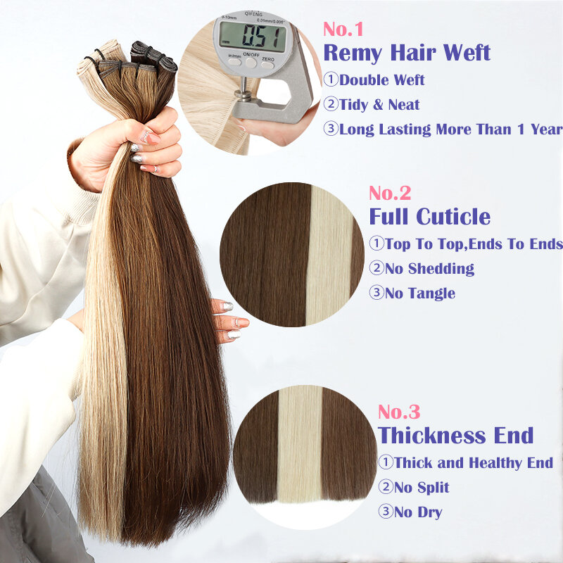 JENSFN proste 100% prawdziwe ludzkie włosy wiązki wątków przedłużenia 50 g/sztuk 16 "-24" Remy naturalne włosy uszyć w brązowym blond kolorze