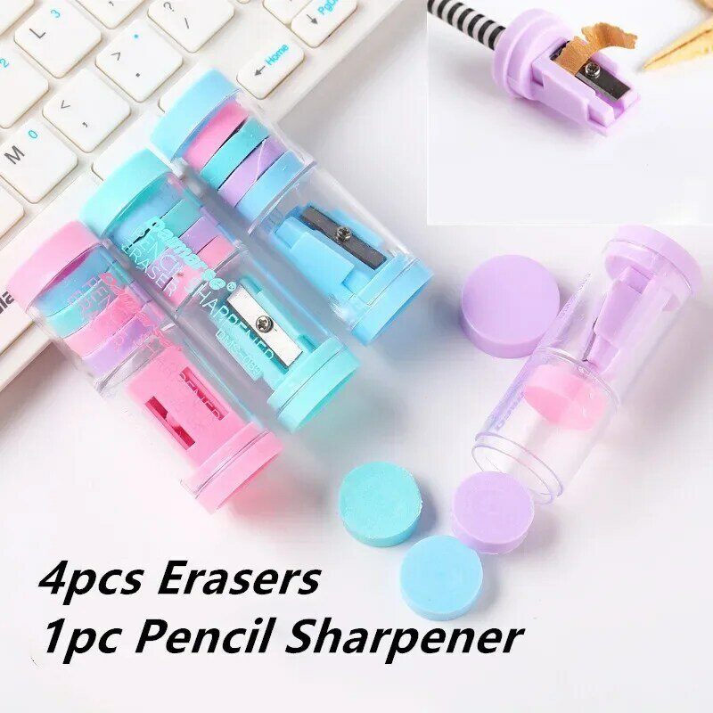 Eco-friendly Mini Pencil Sharpener, Material Escolar, 4 Borrachas, Papelaria Criativa, cores aleatórias, coreano