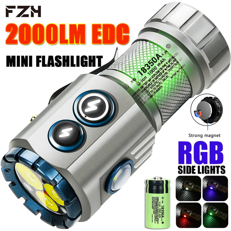 3 LED EDC Flashlight 2000 LM USB Rechargeable 18350 Torch  RGB Side Lamp Waterproof with Magnet Clip for Fishing Camping Lantern