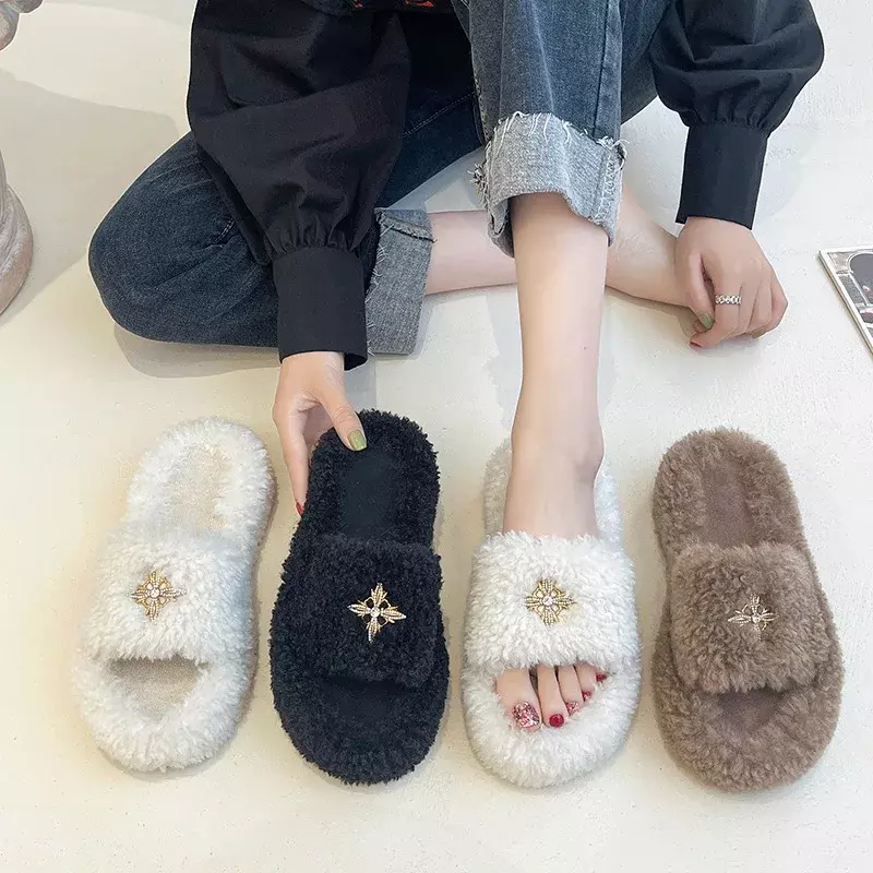 Thick Fluffy Warm Slippers Women Winter Home Furry Shoes Woman Flip Flops House Slide Sandals Flat Indoor Outdoor Fur Slippers