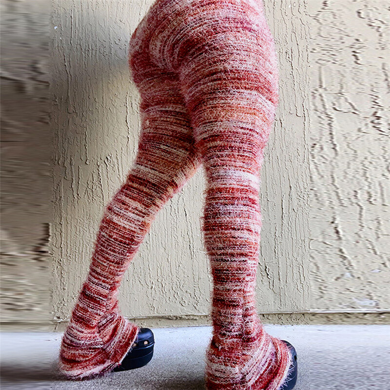 Celana rajut wanita seksi garis warna-warni celana bertumpuk pinggang elastis ramping berbulu flare 2024 Bawahan pakaian jalanan