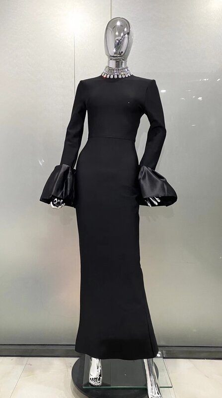 Prom Dress Sexy Turtleneck Beading Rhinestone Black Maxi Long Bodycon Bandage Dress 2024 Elegant Evening Club Party Dress