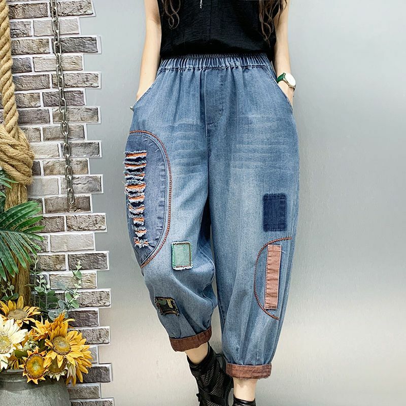 Женские джинсовые брюки Harlan в стиле ретро, свободные универсальные брюки из потертого денима с кисточками и отверстиями, с высокой талией, в стиле ретро, для весны и осени