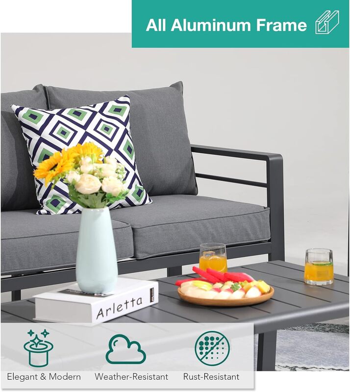 Ensemble de meubles en aluminium pour l'extérieur, ensemble de conversation moderne, canapé sectionnel gris foncé tous temps avec table
