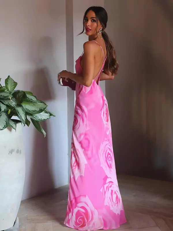 Vestido largo de gasa con estampado de rosas para mujer, traje elegante con tirantes, Sexy, sin espalda, sin mangas, para fiesta y vacaciones