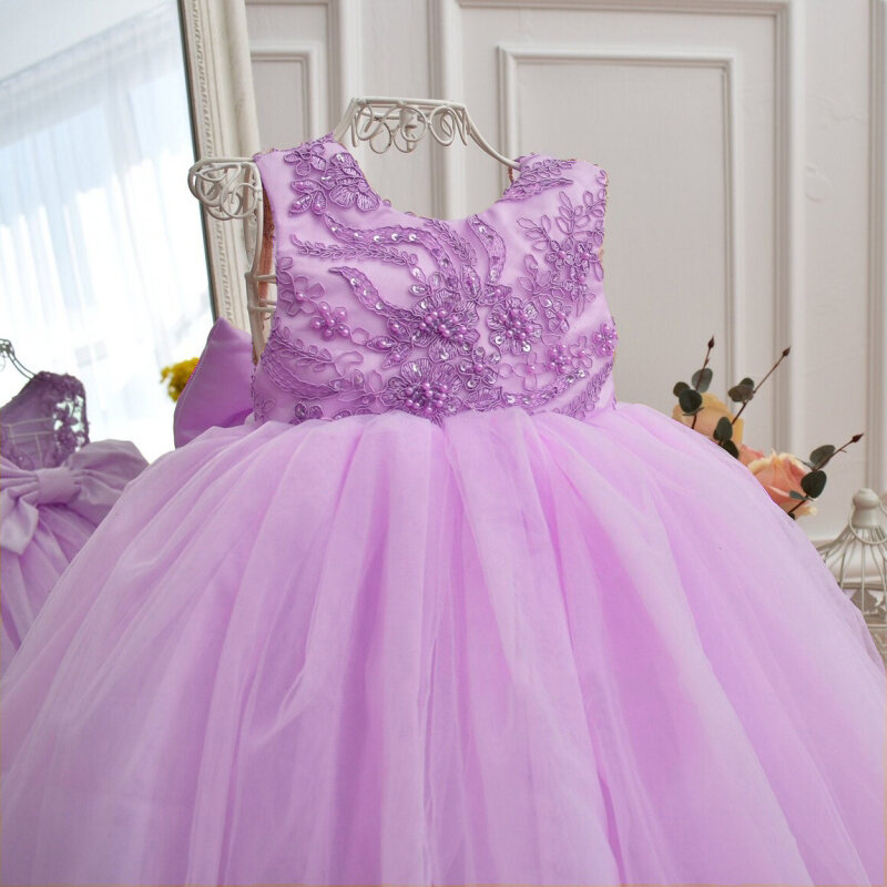 Jasnoróżowe sukienki dla dziewczynek tiulowe perły aplikacja kwiatowa z kokardą bez rękawów na wesele urodziny suknie bankietowe