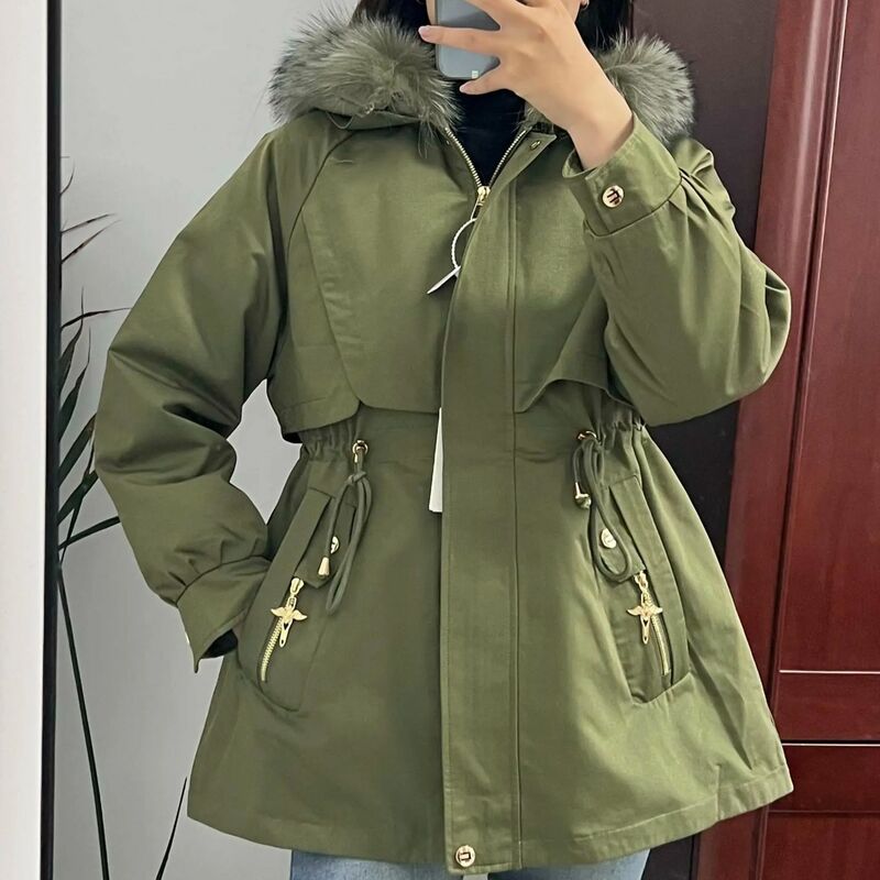 2023 New Natural Real Fox Fur Coat Women's Parka Winter Autumn Warm Luxury Inner Liner Removable Black Jacket Outerwear