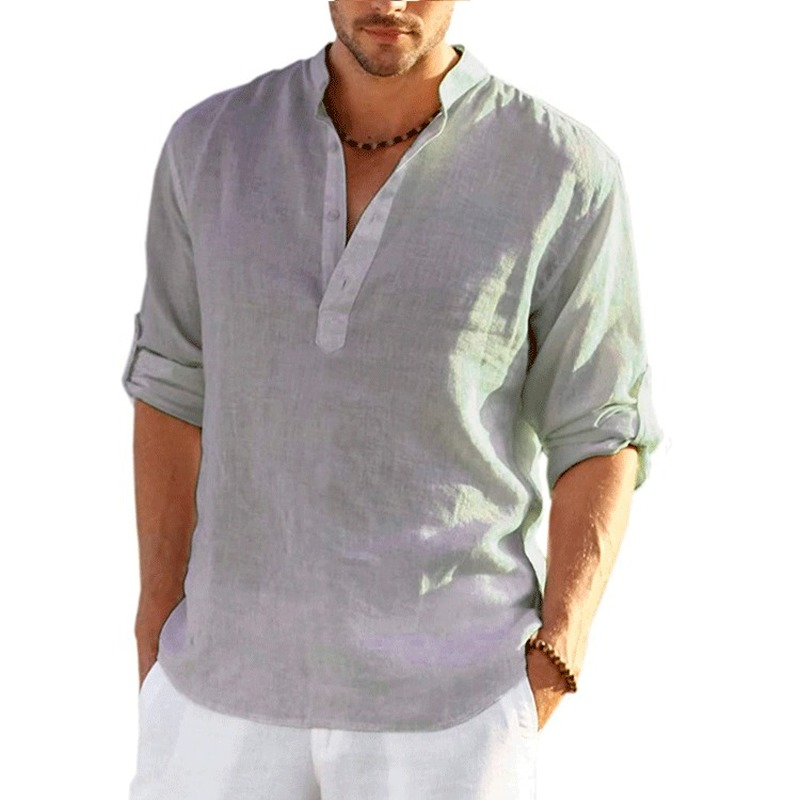 Kaus Lengan Panjang Linen Pria Baru Kaus Kasual Longgar Warna Solid Kemeja Linen Katun Lengan Panjang
