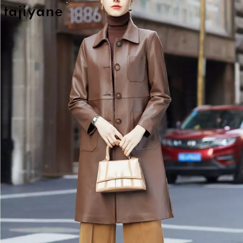 Tajiyane-女性用のミッドレングスレザージャケット,高級レザーコート,100% 本のシープスキン,高品質,秋と冬,2023