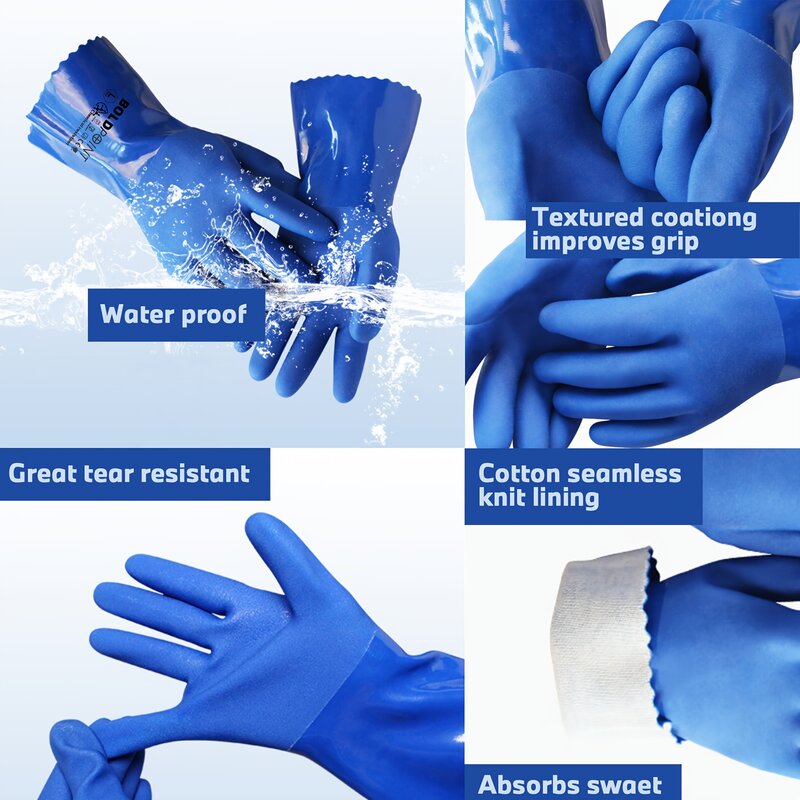 1 pasang sarung tangan PVC biru 12 inci, manset panjang, kimia, asam, tahan minyak, tidak licin untuk industri, pertanian, penggunaan hutan