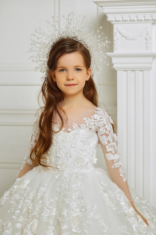 Gaun Gadis Bunga Lengan Panjang Gading Mewah untuk Gaun Kontes Gadis Pesta Prom Pernikahan Gaun Applique Bunga Renda