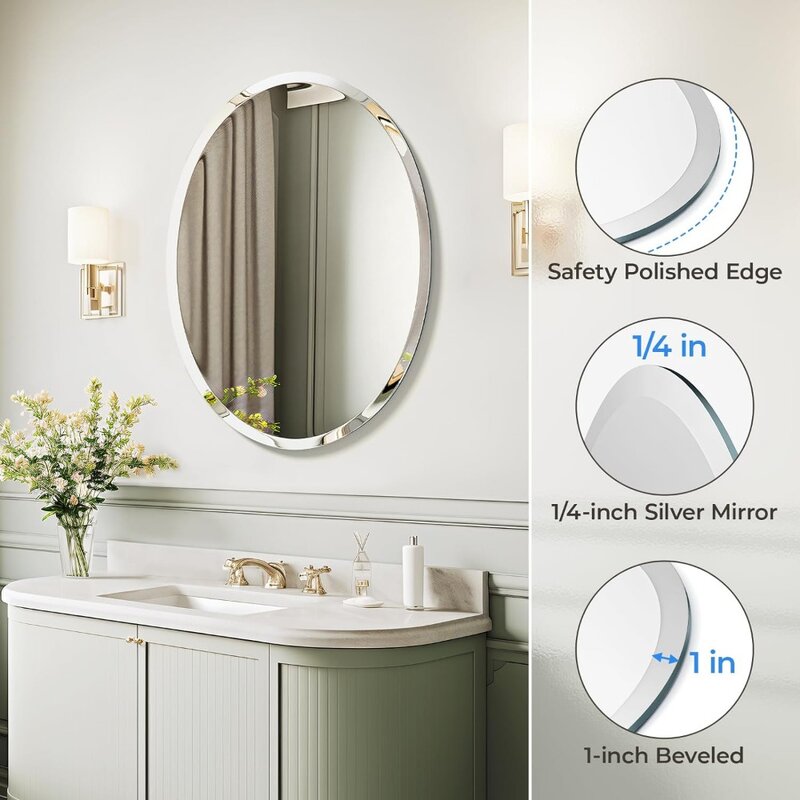 กระจกติดผนังทรงรีไร้กรอบขนาด20 "X 28" สำหรับห้องน้ำ/โต๊ะเครื่องแป้งขอบเอียงดูเรียบง่ายและสง่างาม