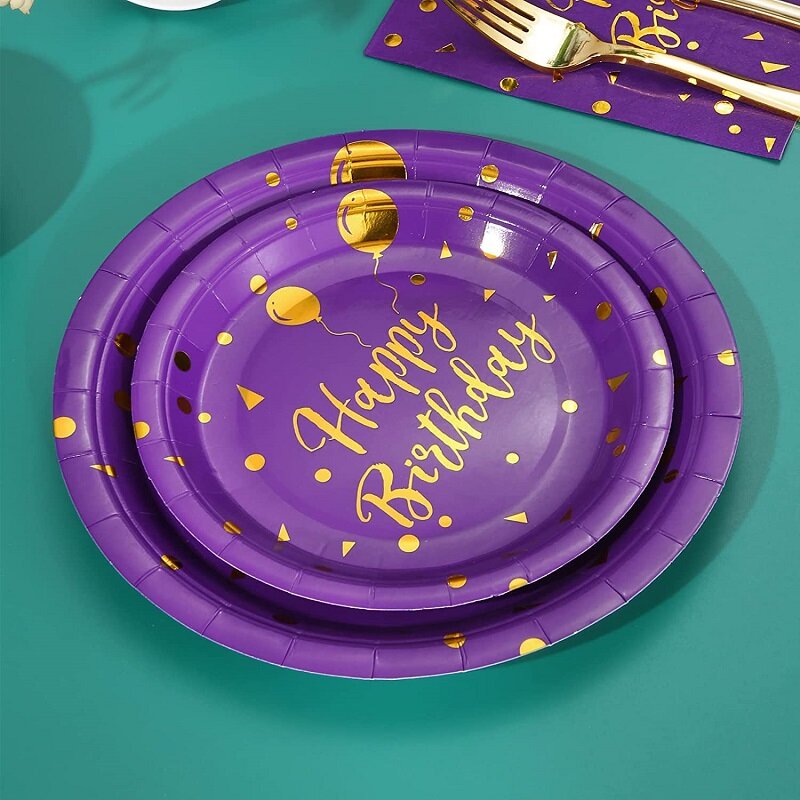 Decorações De Aniversário Roxo Ouro placas de aniversário e guardanapos para Purple Princess Women Birthday Wedding Party Supplies