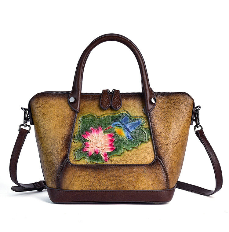 2019 First Layer Cowhide Top Handle Bag Brush Color Handbag Female Flower Retro Women Shoulder Messenger Genuine Leather Bags