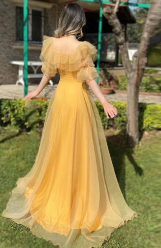 Othray Boho 2022 A Line Short Ruffles Sleeves Princess Party Gowns Floor Length Vintage Yellow Square Neck Tulle Prom Dresses
