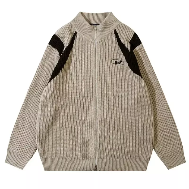 Cárdigan con doble cremallera para hombre y mujer, suéter Retro de punto suelto, ropa de calle Harajuku, chaqueta de bloque de Color de calle, Otoño, nuevo
