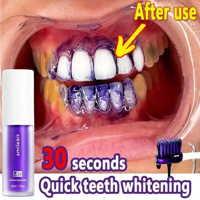 Pasta de dientes blanqueadora púrpura V34, eliminación de manchas de dientes, reparación de cuidado de dientes, pasta de dientes de ortodoncia, aliento fresco, cuidado de los dientes, nuevo