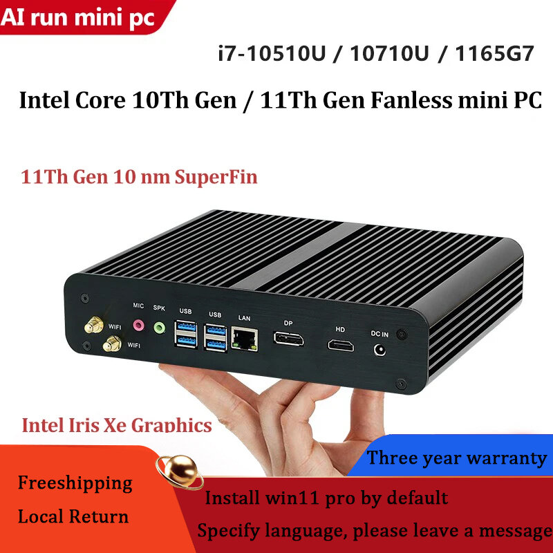 Mini PC Fanless Intel Core i7-1165G7, Windows 11, 2 * DDR4, M.2, NVMe, Msata, 2,5 em SATA, HTPC, NAS, HDMI, DP, 11ª Geração