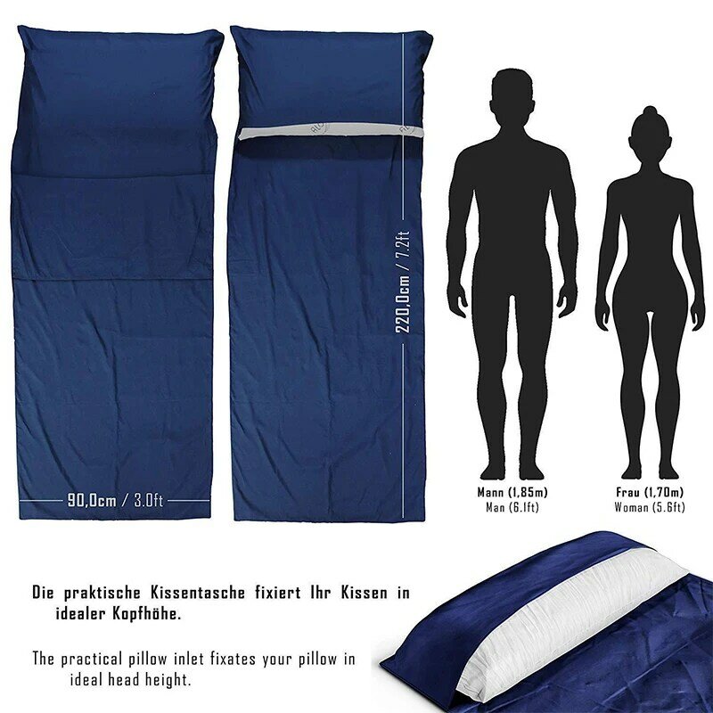 1 buah kantong tidur Liner, Kantung tidur sutra lembut dengan saku bantal lembar perjalanan berkemah ringan portabel untuk Hotel