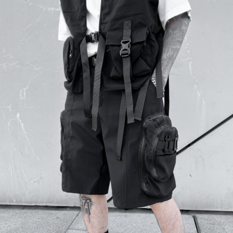 Мужские шорты-карго Y2K, летние уличные Короткие штаны с множеством карманов, украшенные пряжками, 2024