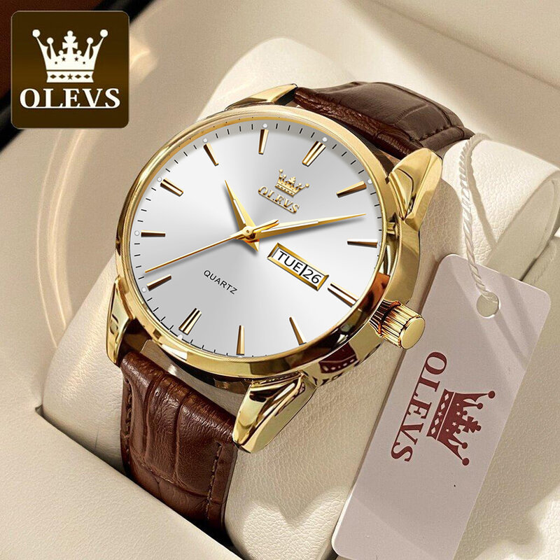 OLEVS Original Brand Men's Watches Business Leather Strap Quartz Watch Week Calendar Fashion Waterproof Male Wristwatch Luminous