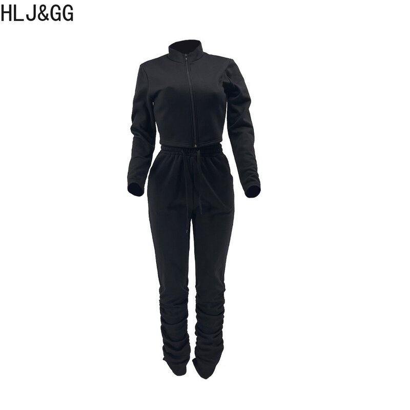 Hlj & Gg Black Fashion Streetwear Vrouwen Rits Lange Mouw Crop Top En Gestapelde Broek Tweedelige Sets Vrouwelijke Solide Sportieve Outfits