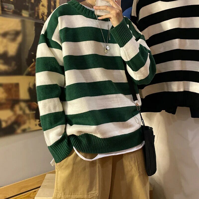 Stripe Knitted Sweater Men Autumn Winter Baggy Long Sleeves Tops Fashion All-Match Trend Streetwear Ins Vintage Y2K Male Clothes