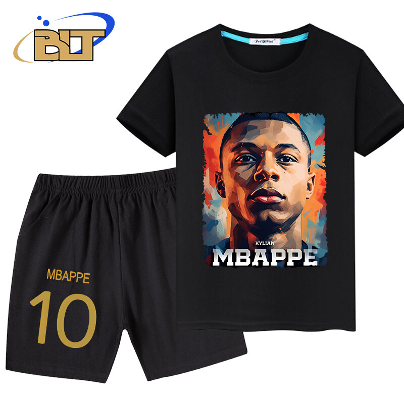Mbappe head printed children's clothing summer boys' T-shirt pants 2-piece set black short-sleeved shorts suit