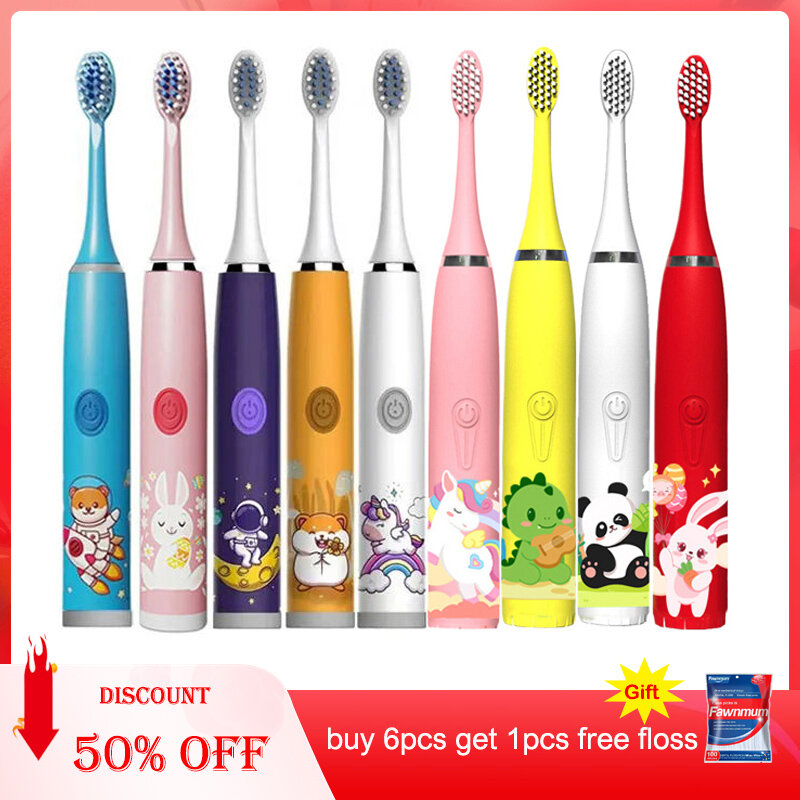 Escova de dentes elétrica sônica recarregável USB infantil Escova de desenhos animados colorida, automática, IPX7 impermeável, cabeças de substituição