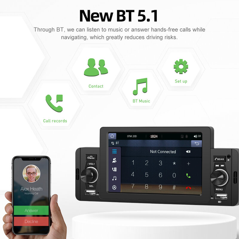 Автомагнитола Podofo, мультимедийный плеер на Android, с 5 "экраном, Bluetooth, с функцией MirrorLink, FM-приемником, для Volkswagen, Nissan, Toyota, Типоразмер 1DIN