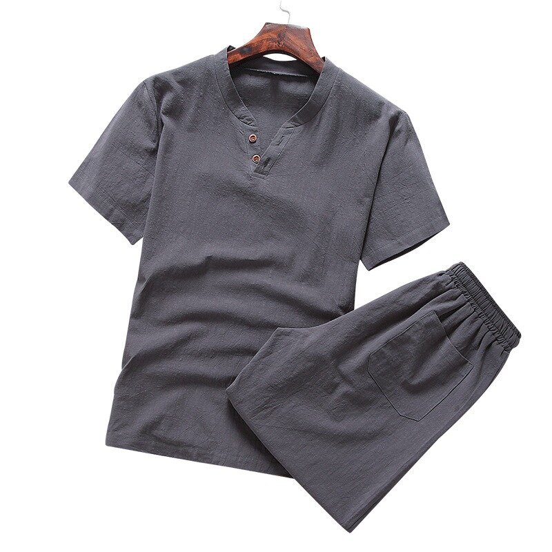Spring Summer New Cotton Linen Set Men's Japanese Style V-neck T-shirt Linen Male Thin Casual Short Sleeve Short Pants Home Suit
