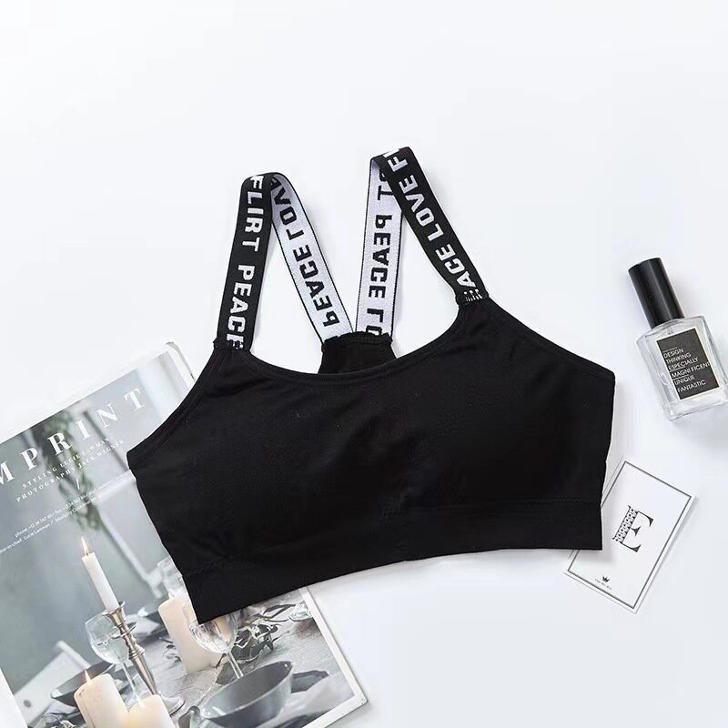 Sutiã push up esportivo feminino, sutiã de ioga, tênis de ginástica, lingerie sem costura com letras preto e branco
