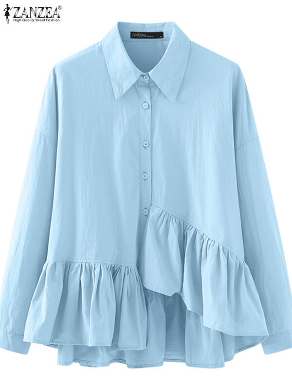 ZANZEA 여성용 버튼 가디건, 오버사이즈 빈티지 라펠 넥 셔츠, 불규칙한 밑단 블라우스, 2024 여름 오피스 시크 긴팔 상의