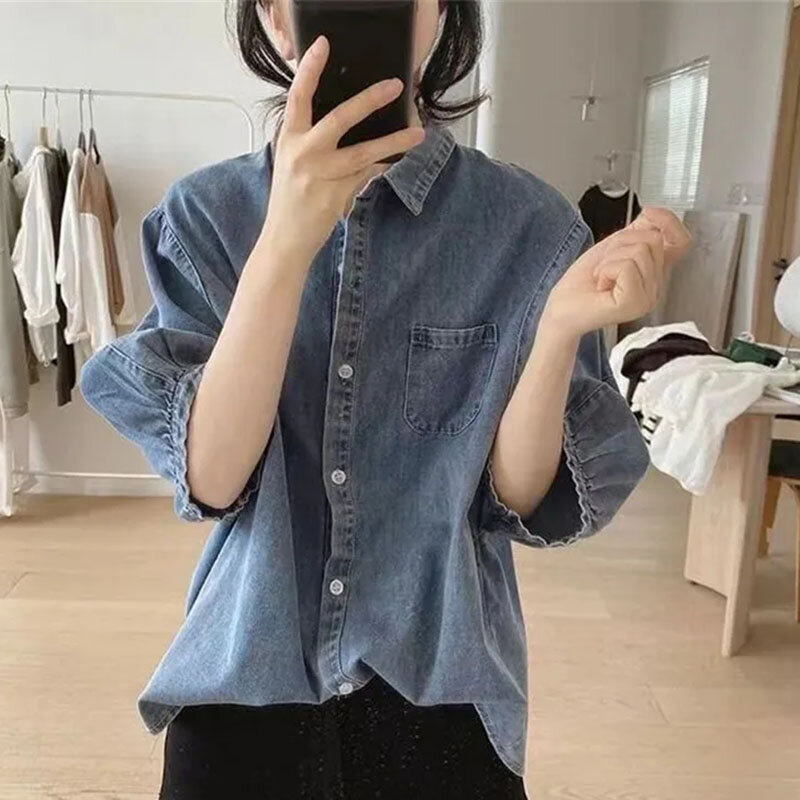 Camisa jeans de manga lanterna feminina, camisa solta e emagrecedora, manga bairro retrô, design minimalista, nova, verão, 2022