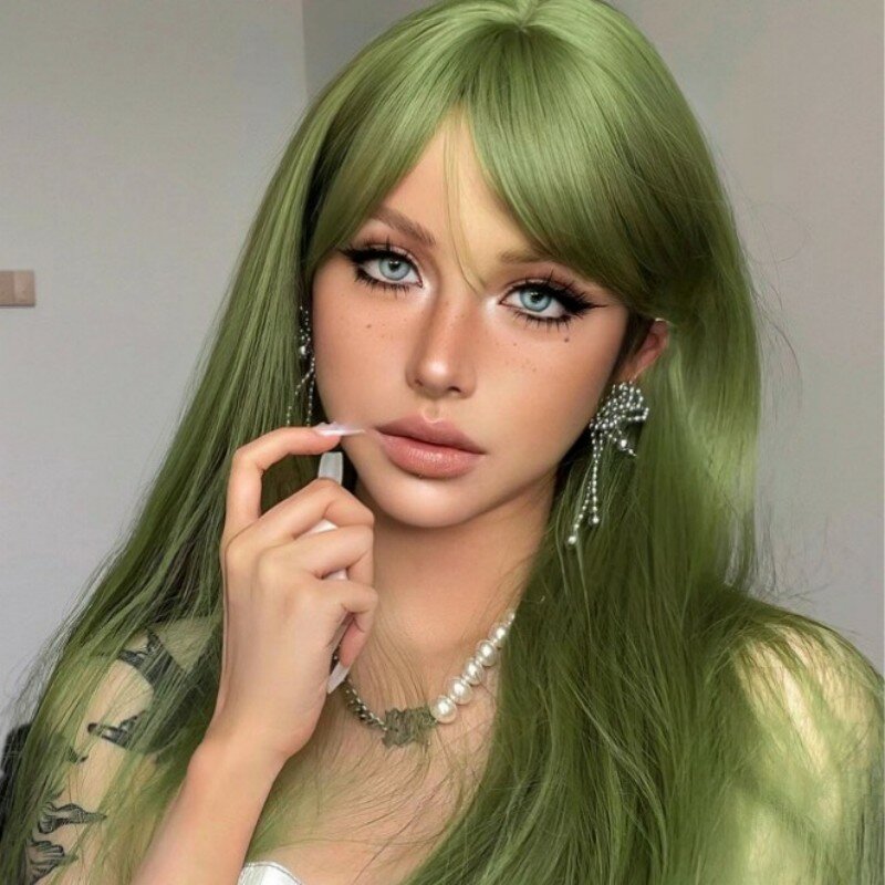 New Wig Women's Full Head Set with Air bangs, green medium length curly hair, straight hair, niche green synthetic fiber, cute