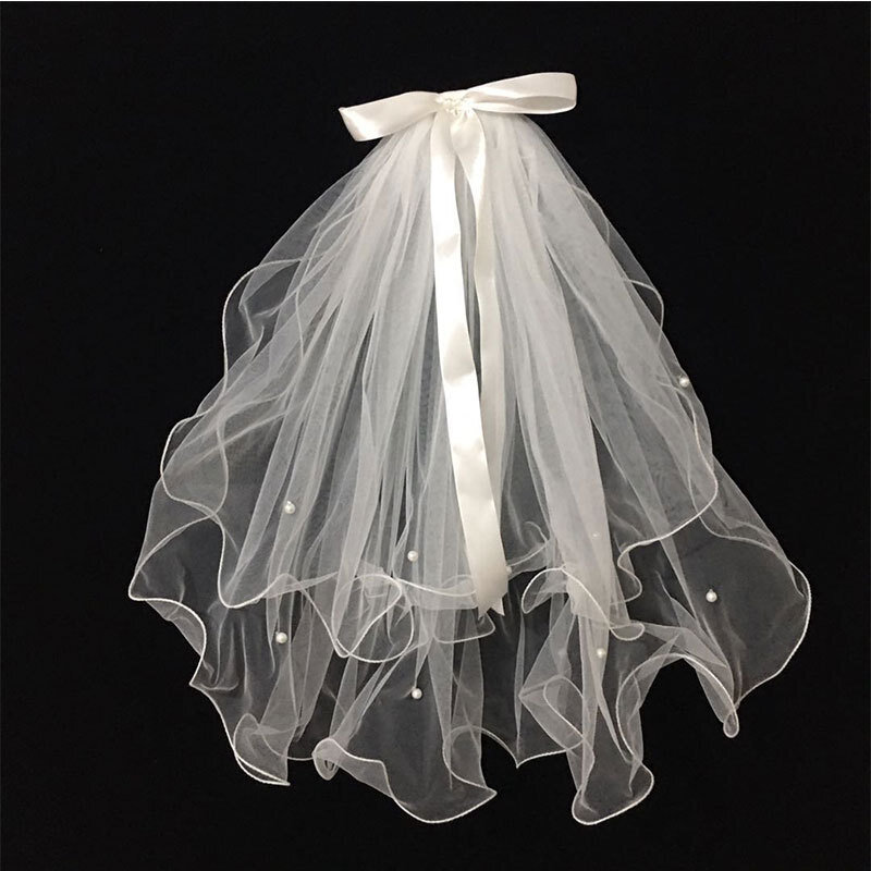 Свадебная фата с белым жемчугом, короткая двухслойная элегантная винтажная, для невесты, косплей, костюма, аксессуары для волос