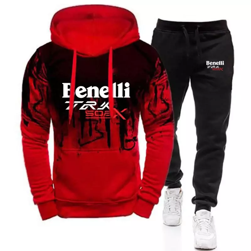 Benelli TRK 502X hoodie pria warna gradien, setelan baju olahraga Hip Hop kasual, mantel celana panjang dan atasan motif baru 2024