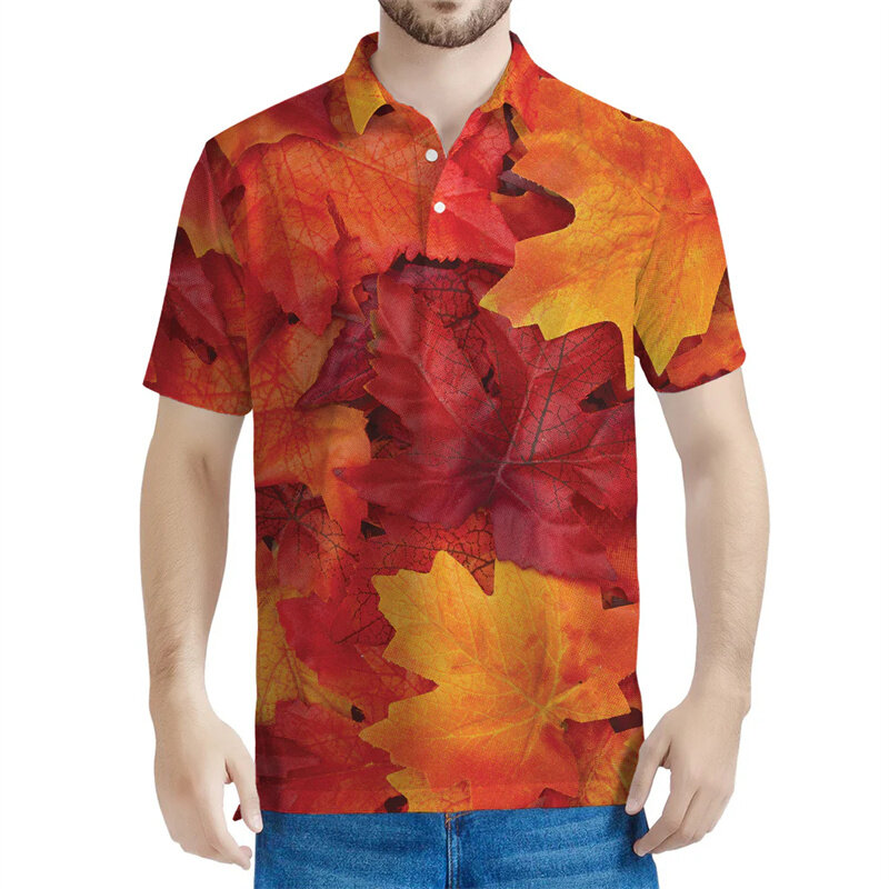 เสื้อโปโลพิมพ์ลาย3D ลายใบเมเปิ้ลสำหรับฤดูใบไม้ร่วงเสื้อยืดเสื้อแขนสั้นฤดูร้อนแบบสตรีทปกมีกระดุมทรงหลวมเสื้อ