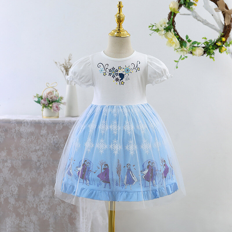 Gaun anak-anak Musim Panas 2024 pakaian pesta kostum putri duyung Ariel baju Disney baju bayi perempuan baru pakaian anak lengan pendek