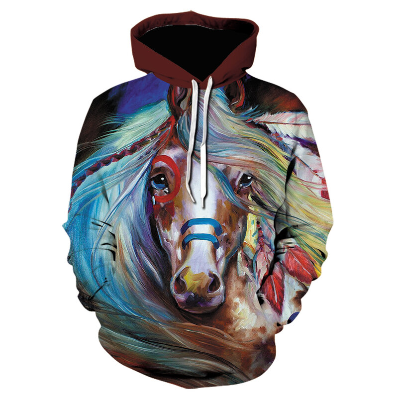 Sweatshirt Pria Wanita Hoodie 3D Unisex, Hoodie ukuran besar kreatif kasual, Pullover pola hewan kuda coklat