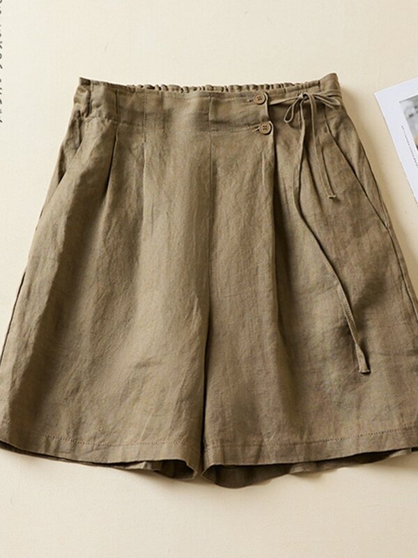 Celana Pendek Wanita Kasual Kedatangan Baru 2023 Musim Panas Gaya Antik Warna Solid Longgar Nyaman Perempuan Celana Pendek Katun Linen B2438