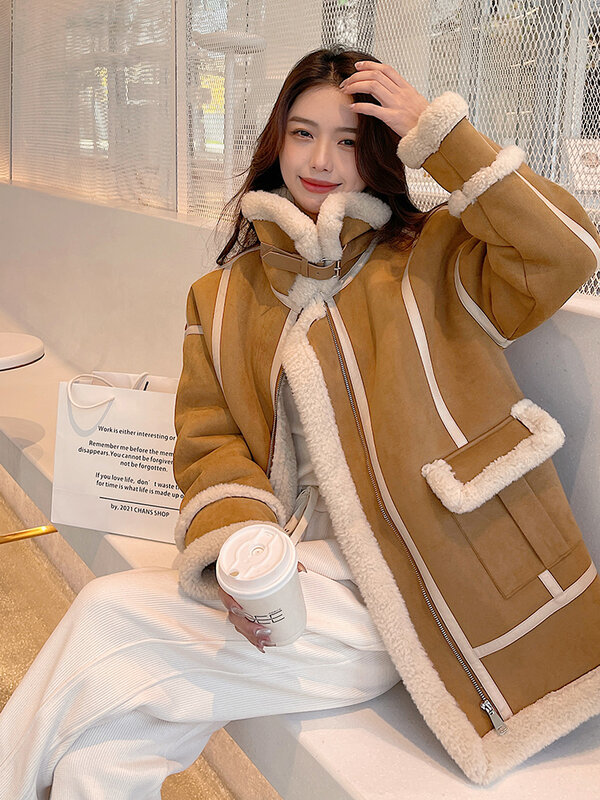 Casaco coreano de lã de cordeiro para mulheres, casaco grosso quente, casaco solto de lã de motocicleta, novo 2023