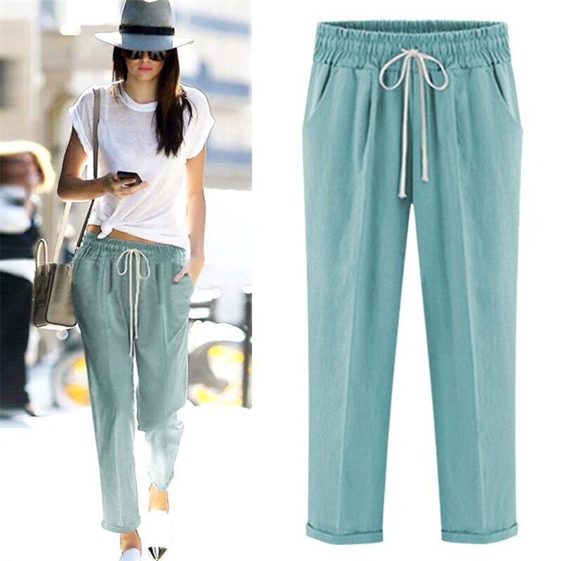 Autumn 2024 Solid Elastic waist Linen cotton Pants Plus size  Women Loose Casual Full length trousers candy color pants 5XL 6XL