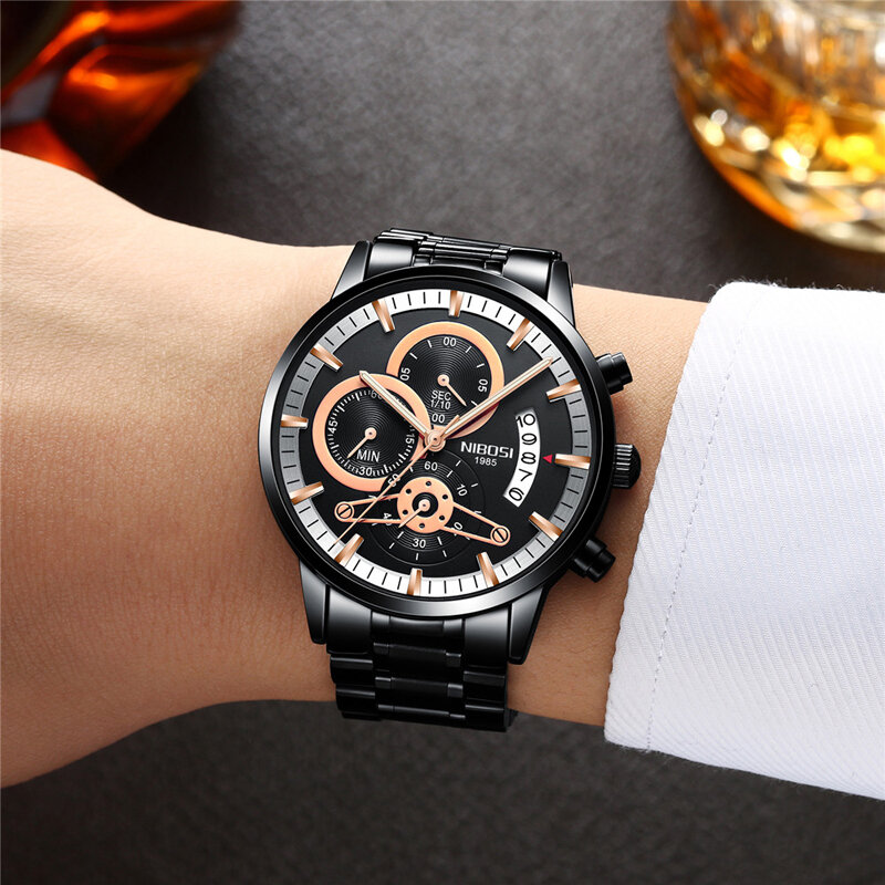 Nibosi relógio de quartzo masculino, marca de luxo, aço inoxidável, impermeável, luminoso, moda, para homens