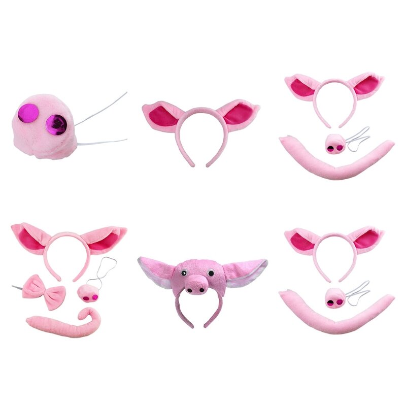 Cute Pig Ears Headband Pig Nose Tail Pink Piggy Cosplay Props Animal Fancy Costume Accessories for Halloween Party