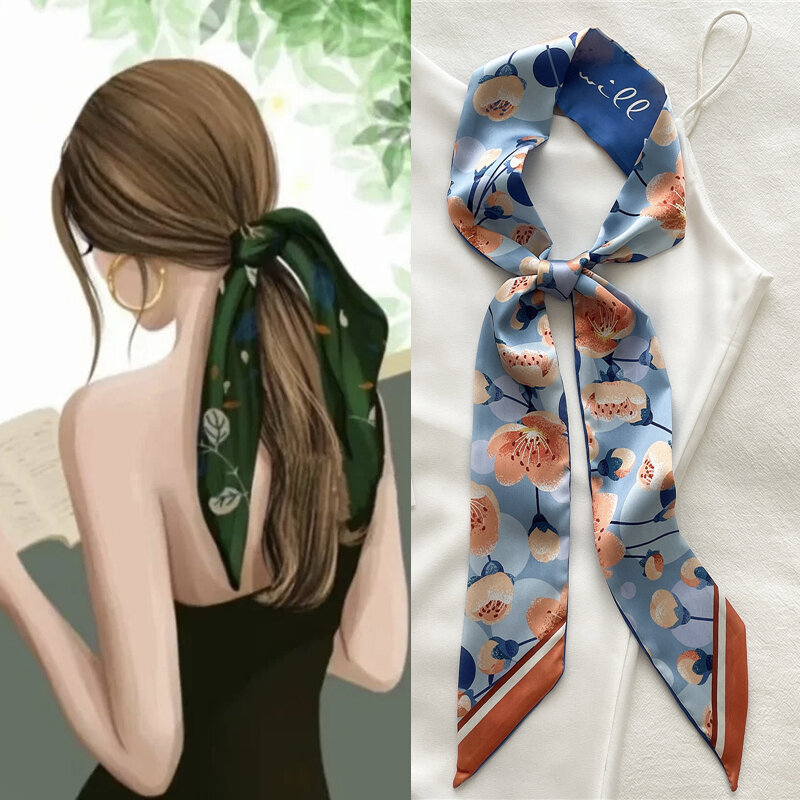 Frauen Seide Lange Haarband Krawatte Drucken Floral Dünne Band Schal Tasche Handgelenk Bandana Mädchen Taille Popul 2022 Sommer Zubehör