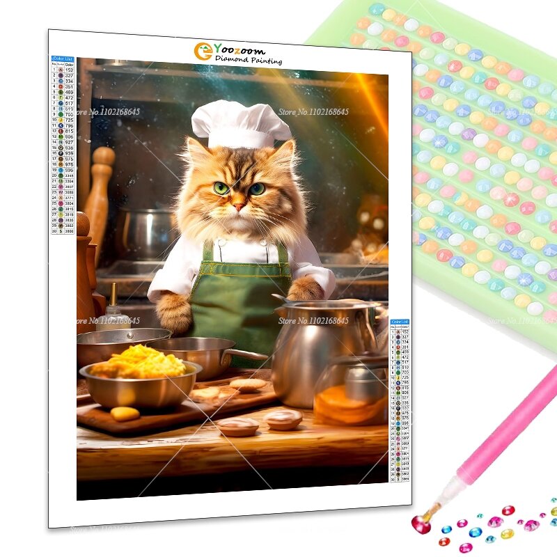 Kit completo de bordado de strass para decoração de cozinha, chef animal, gato, cozinhar desenhos animados, engraçado, DIY, arte decoração, melhores presentes