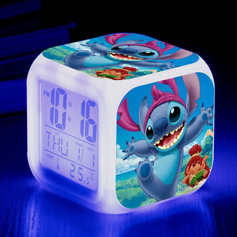 Disney-Lilo e Stitch Despertador para Crianças, LED Crescente, Mudança de Cor, Luz Digital, PVC Action Figure Brinquedos, Presente de Aniversário