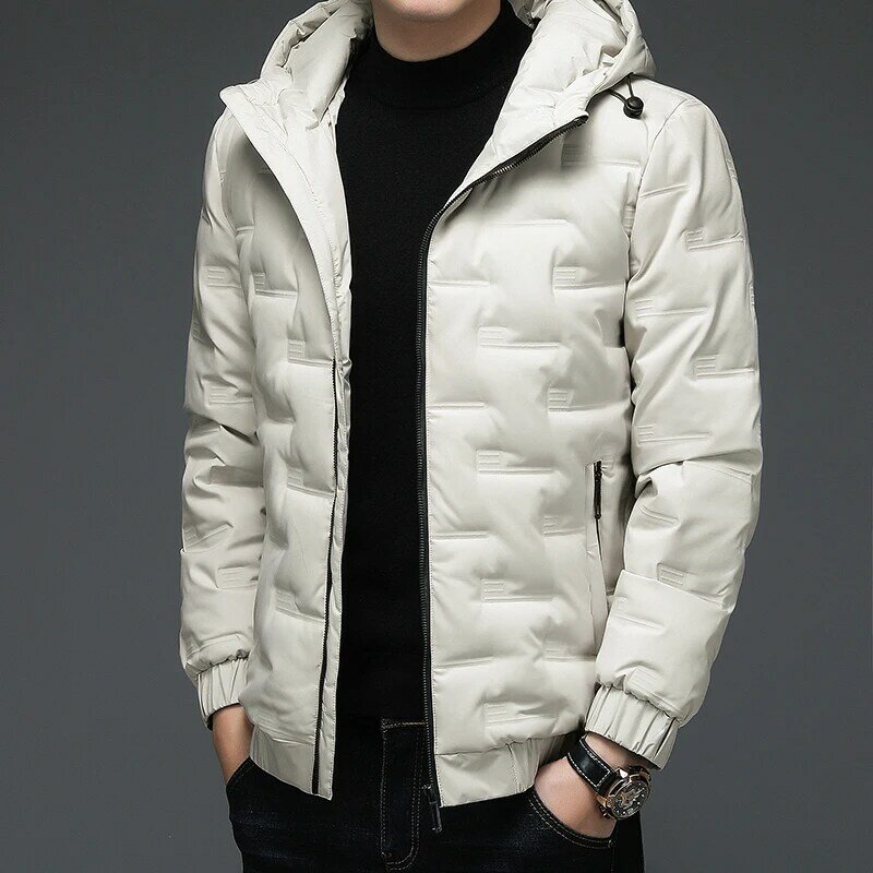 M-4xl męskie biała kurtka puchowa zimowe męskie płaszcze na zamek błyskawiczny stójka krótki styl jednolity kolor codzienna odzież wierzchnia ubrania Hy130
